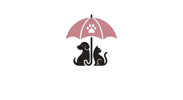 A minimalist graphic logo featuring a pink umbrella with a white paw print, sheltering two black silhouettes of a dog and a cat, centered on a light gray background.